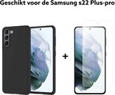 samsung galaxy s22 plus-pro hoesje siliconen zwart-black + screen protector harde glas tempert glas