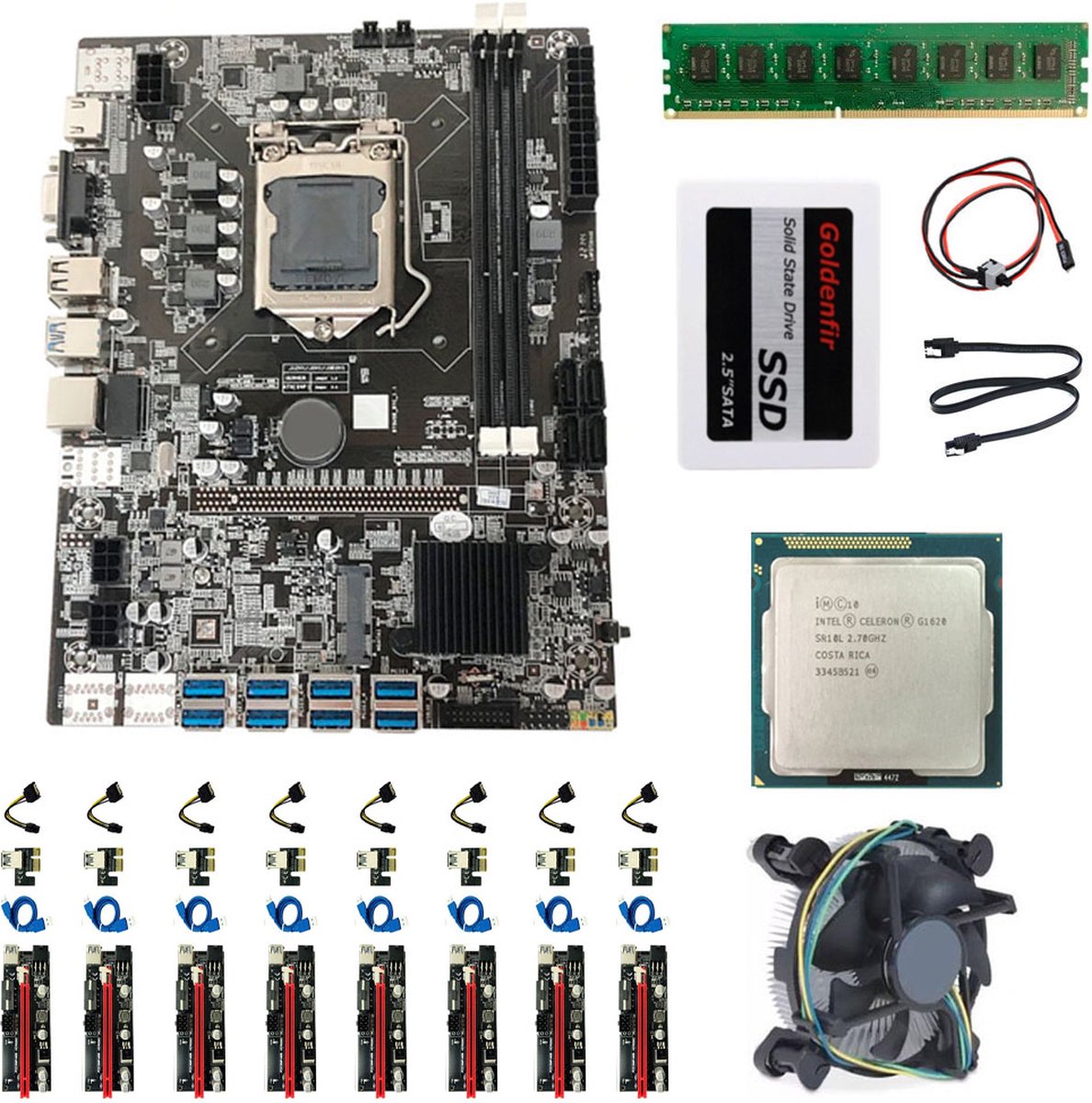 B75-BTC 8 GPU ETH Mining Rig Moederbord + CPU + Koeler + 4G RAM + 120G SSD + 8 stuk PCIE Riser + 1 jaar garantie - Merkloos