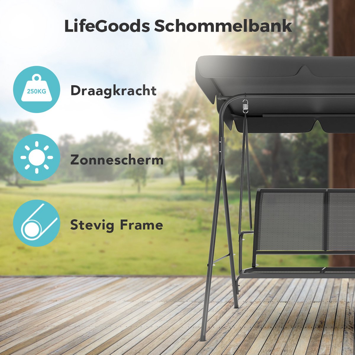 LifeGoods Schommelbank - 3-zits - tot 250KG - Kantelbaar Dak - UV-bestendig Zonnescherm - 172x104x162cm - Grijs — afbeelding 2