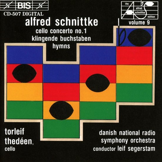 Albumhoes met geometrisch patroon in rood, blauw, geel en groen. Tekst in wit en zwart. Titel: 'alfred schnittke cello concerto no.1 klingende buchstaben hymns'.