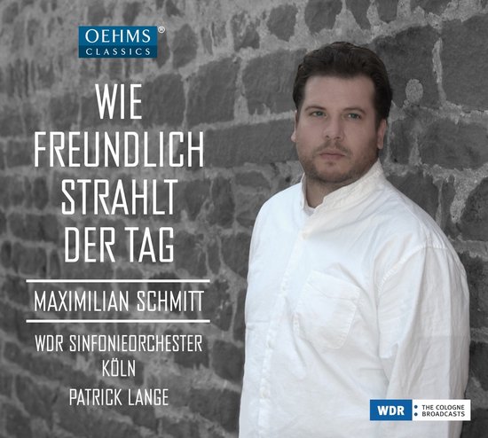 Maximilian Schmitt in een wit overhemd voor een stenen muur, met de titel 'Wie Freundlich Strahlt Der Tag'.