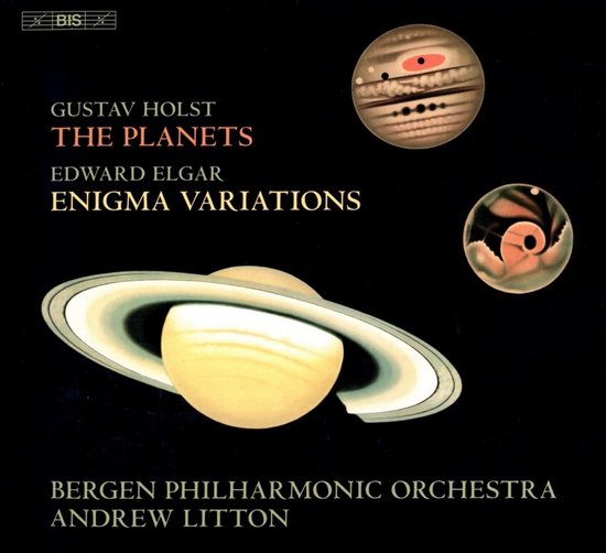 Albumhoes met Jupiter, Saturnus en een detail van een andere planeet. Tekst: Gustav Holst The Planets, Edward Elgar Enigma Variations.