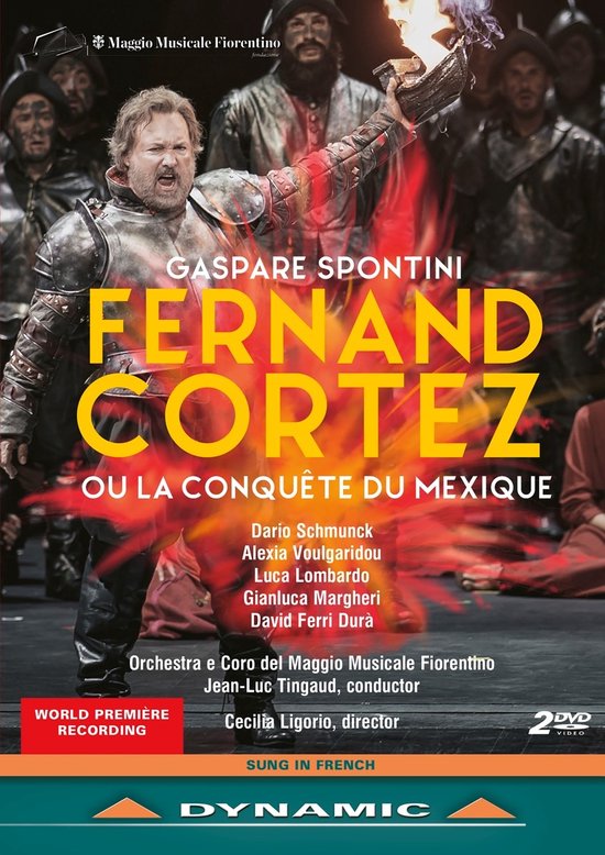Poster voor 'Fernand Cortez ou la conquête du Mexique'. Man in harnas, met vlammen. Titel in gele letters.