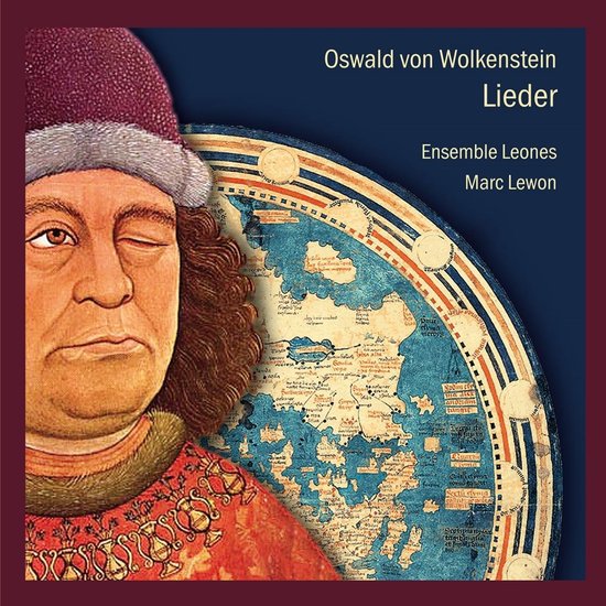 Albumhoes met een illustratie van Oswald von Wolkenstein in rode kledij en een paarse hoed, naast een deel van een oude wereldkaart. Titel: Oswald von Wolkenstein Lieder.