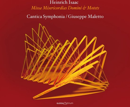 Gouden, geometrische sculptuur op een rode achtergrond met tekst: Heinrich Isaac Missa Misericordias Domini & Motets Cantica Symphonia / Giuseppe Maletto.