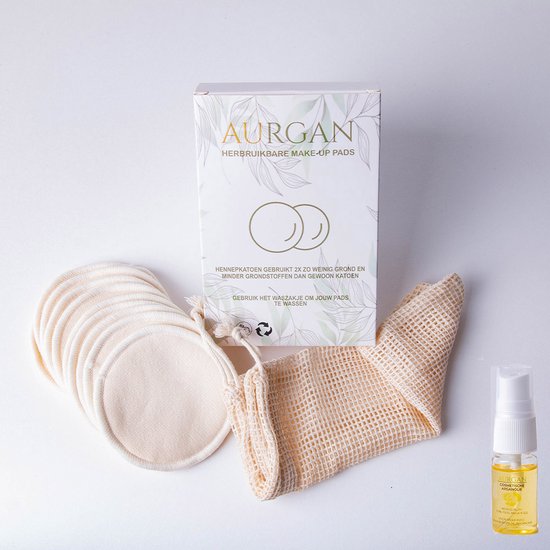 Aurgan make up remover pads – hennepkatoen – duurzame make up verwijder schijfers – herbruikbaar hennep – Gratis 10 ml arganolie extra