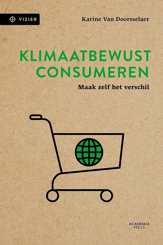 Boekomslag met de titel 'Klimaatbewust consumeren', een winkelwagen met een aardbol.