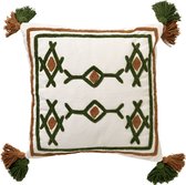 Dutch Decor ZITA - Sierkussen katoen 45x45 cm - Chive - groen / wit / bruin - Kussen met flosjes - Inclusief binnenkussen