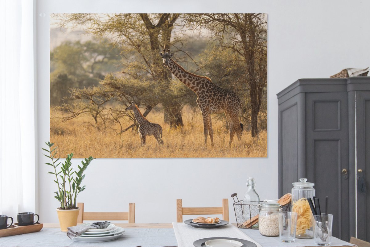 Tableau Toile Girafe - Veau - Herbe - Afrique - 180x120 cm - Décoration  murale XXL