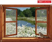 D&C Collection - tuinposter - 90x65 cm - Bruin luxe venster met water sloot - irissen - mus - tuin decoratie - tuinposters buiten - schuttingposter - tuinschilderij