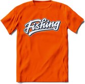 Fishing - Vissen T-Shirt | Grappig Verjaardag Vis Hobby Cadeau Shirt | Dames - Heren - Unisex | Tshirt Hengelsport Kleding Kado - Oranje - S