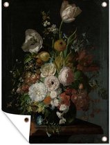 Tuinschilderij Stilleven met bloemen in een glazen vaas, Rachel Ruysch, ca. 1690 - ca. 1720 - 60x80 cm - Tuinposter - Tuindoek - Buitenposter