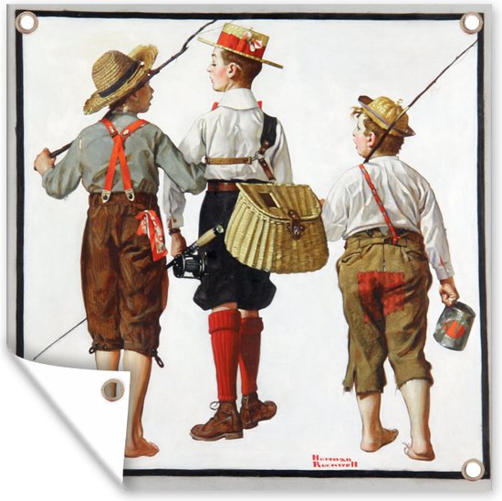 Tuinposters Fishing trip, they'll be coming back next week - schilderij van Norman Rockwell - 50x50 cm - Tuindoek - Buitenposter