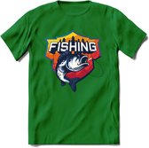 Fishing - Vissen T-Shirt | Grappig Verjaardag Vis Hobby Cadeau Shirt | Dames - Heren - Unisex | Tshirt Hengelsport Kleding Kado - Donker Groen - M