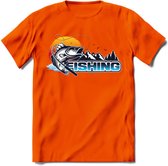 Fishing - Vissen T-Shirt | Grappig Verjaardag Vis Hobby Cadeau Shirt | Dames - Heren - Unisex | Tshirt Hengelsport Kleding Kado - Oranje - 3XL