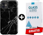Backcover Marmerlook Hoesje iPhone 12 Zwart - Gratis Screen Protector - Telefoonhoesje - Smartphonehoesje