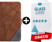 Bookcase Hoesje Patroon Met Pasjeshouder iPhone 12 Mini Bruin - Gratis Screen Protector - Telefoonhoesje - Smartphonehoesje