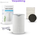 Verpakking van de witte luchtreiniger, met de luchtreiniger zelf, filters en USB-kabel.