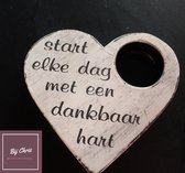 Waxinehouder hart wit - Start elke dag met een dankbaar hart - 14x14 cm