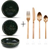GLAMOMAX'S Choice - Service de vaisselle Green Primal - comprenant un service de couverts de couleur cuivre - 4 personnes - Faïence - Assiettes vertes - Assiettes plates - Assiettes plates d'assiettes
