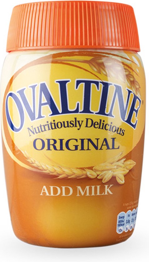 Ovaltine Original, een beker met oranje dop, bevat bruin poeder met tarweoren en de tekst 'Ovaltine' en 'ADD MILK'.