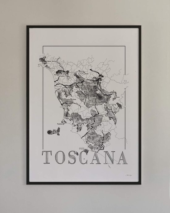 Poster wijnkaart Toscane - Italië - zwartwit - wijnstreek