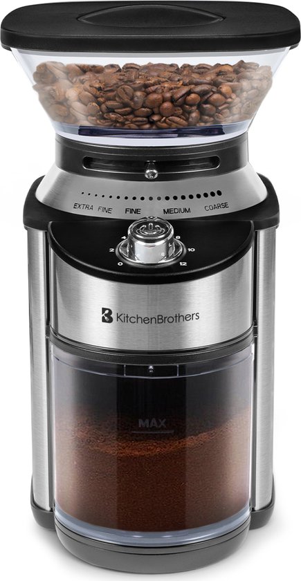 KitchenBrothers Elektrische Koffiemolen - Koffiemaler voor Koffiebonen - Bonenmaler - Conische Maler - 31 standen - RVS - Zwart