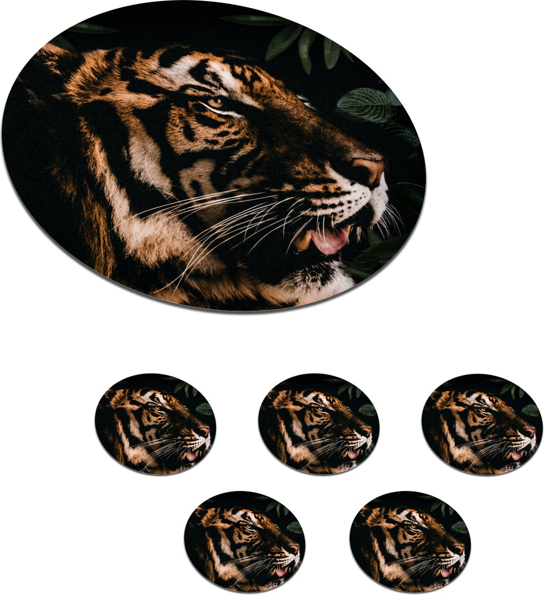 Onderzetters voor glazen - Rond - Tijger - Bladeren - Dier - 10x10 cm - Glasonderzetters - 6 stuks