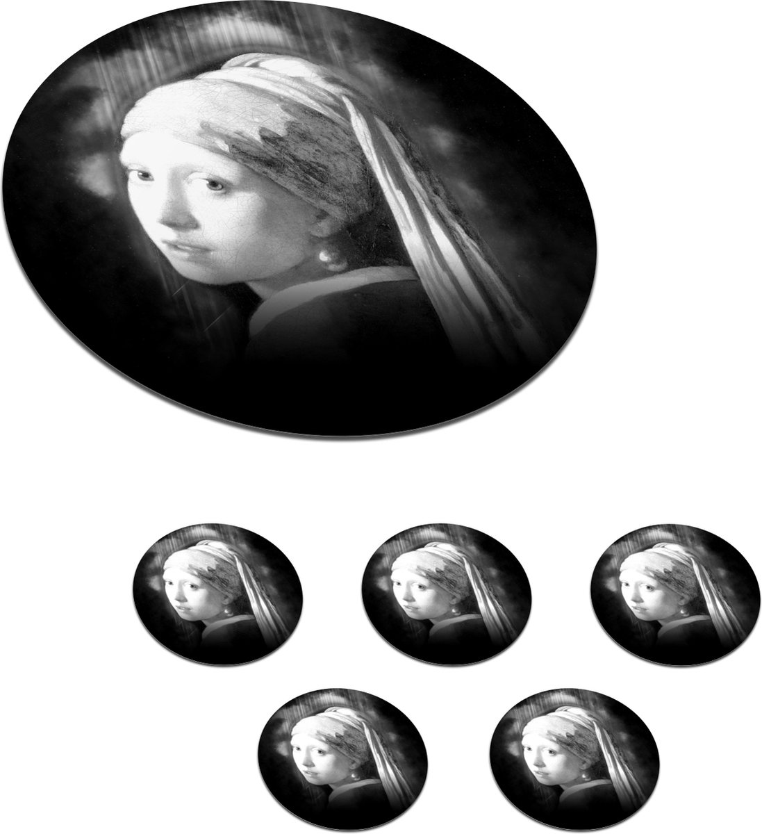 Onderzetters voor glazen - Rond - Het meisje met de parel - Johannes Vermeer - Zwart - Wit - 10x10 cm - Glasonderzetters - 6 stuks