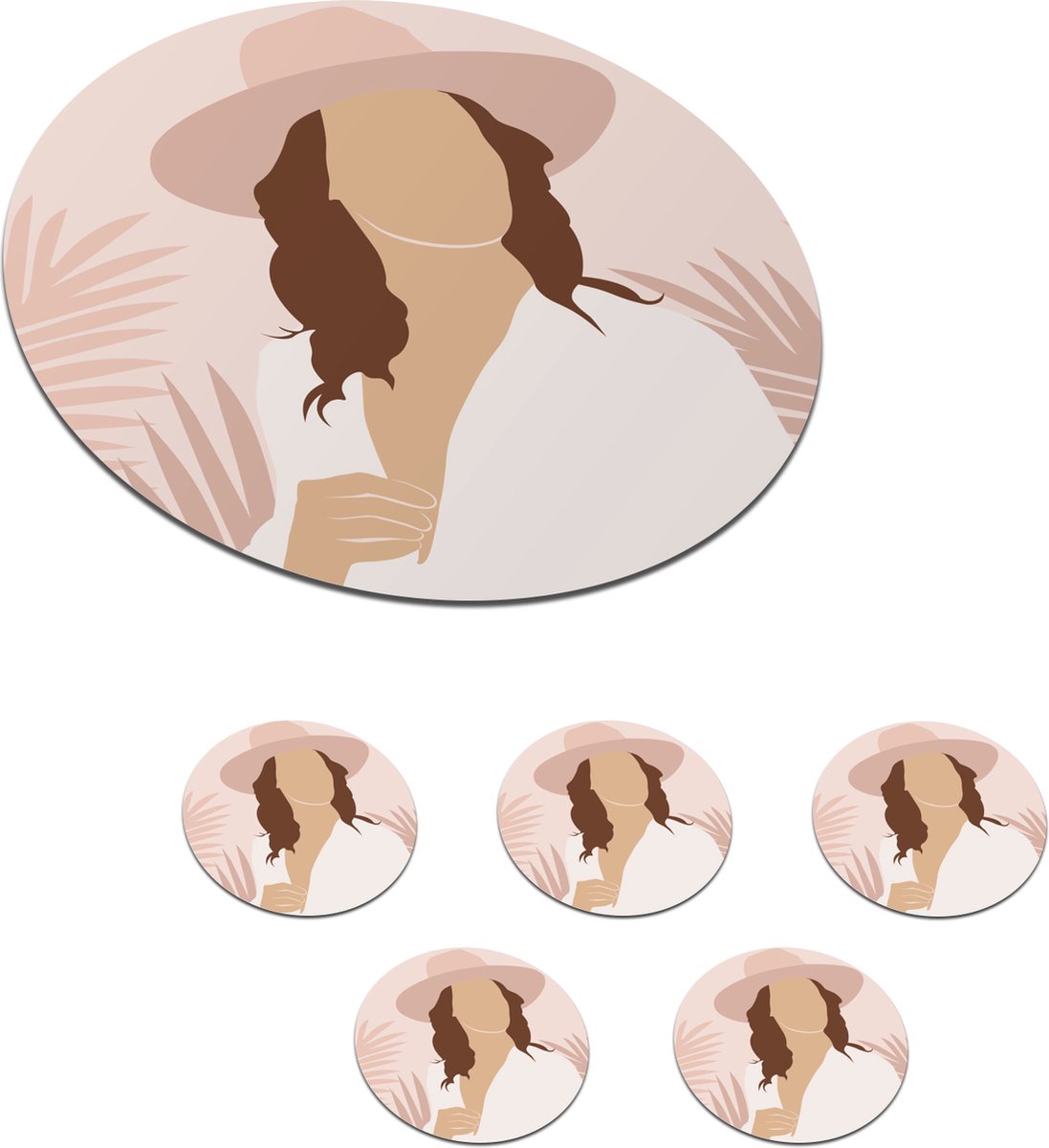 Onderzetters voor glazen - Rond - Vrouw - Hoed - Bladeren - 10x10 cm - Glasonderzetters - 6 stuks