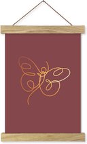 Textiel poster - schoolplaat - lijntekening - vlinder - goudlook vlinder – wanddecoratie – rood - 50x70 cm – incl ophangsysteem