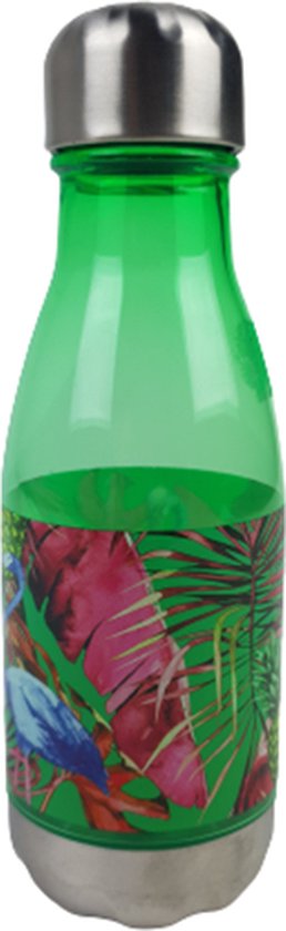 Foto: Drinkfles voor kinderen sjoukje met tropical print groen zilver multicolor metaal kunststof ca 250 ml drinken fles waterfles drinkfles