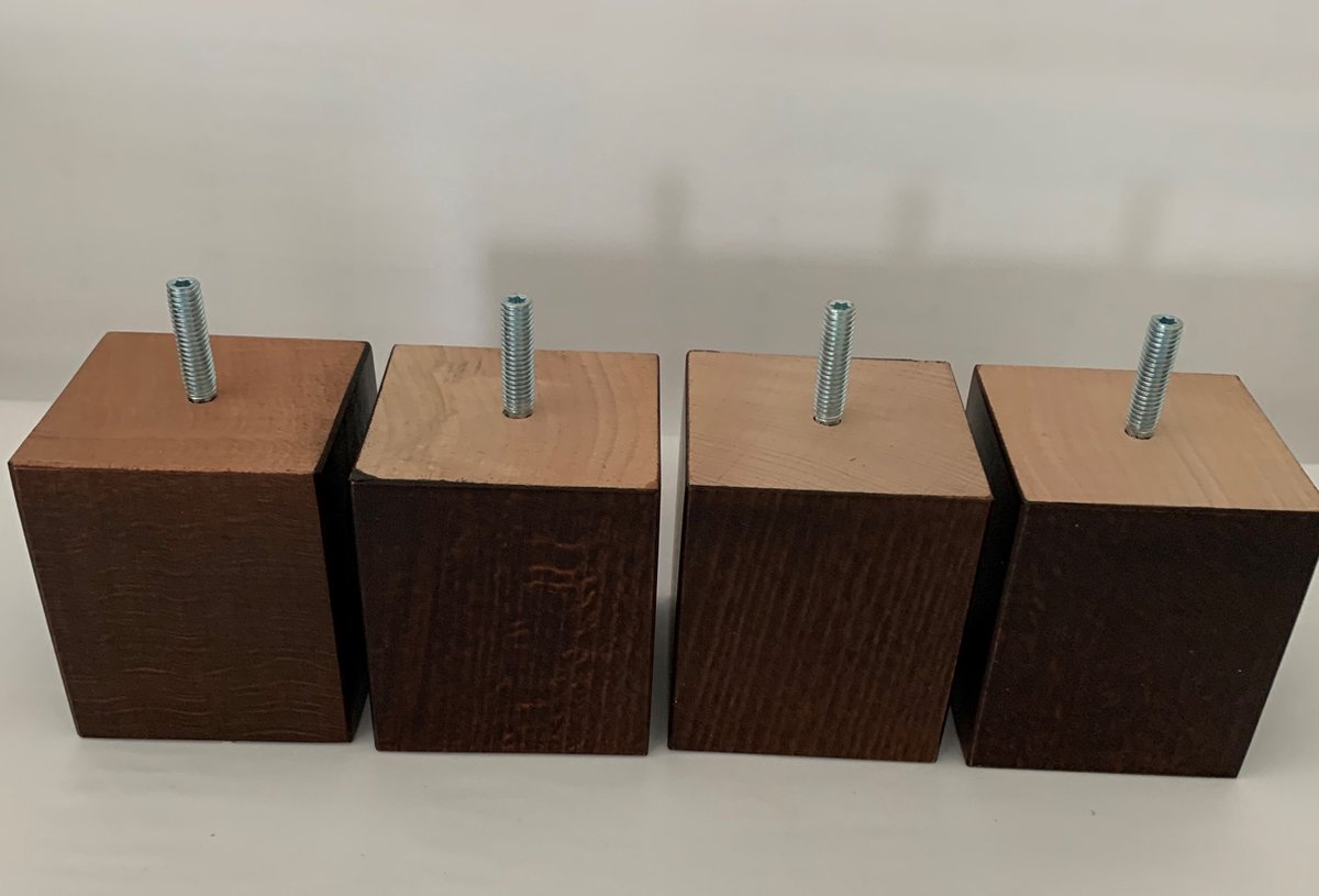 Set van 4 stuks houten meubelpoten Wengé (donker bruin) beuken 8 cm hoogte 7x7 cm M8 draadeinde Boxspring bedden banken