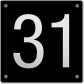 Huisnummerbord - huisnummer 31 - zwart - 12 x 12 cm - rvs look - schroeven - naambordje - nummerbord  - voordeur