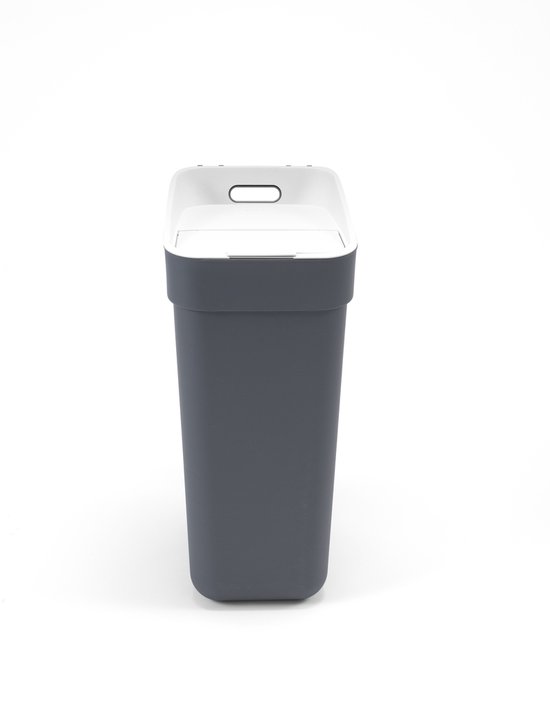 Poubelle rectangulaire gris foncé avec un couvercle blanc plat à deux poignées.