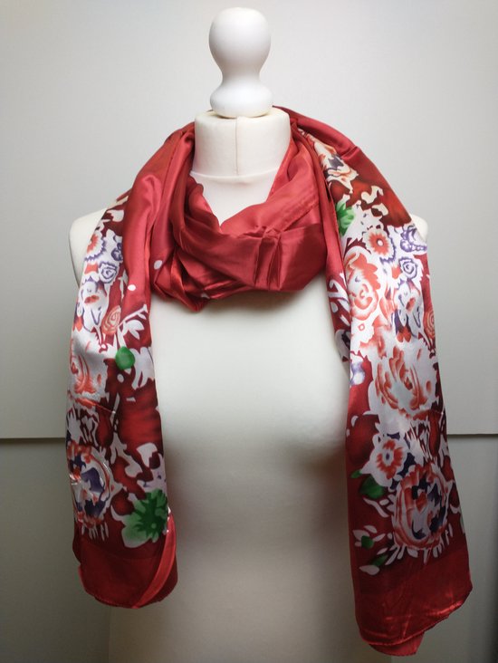 Lange dames sjaal Ravi gebloemd motief rood groen wit paars oranje