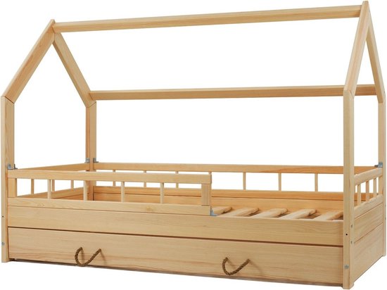 Lit enfant en bois Massief - style scandinave - lit cabane - 160x80cm - avec barrières - bois