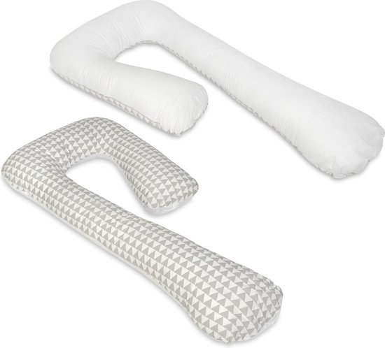 Voedingskussen - Zijslaapkussen - 235 cm - 100% katoen - wit grijs driehoekjes
