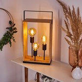 MANDEE.NL - Vinate Houten Taffellamp - Vintage Lamp - Vierkant Tafellamp Bureaulamp Zwart & Natuurlijk Staal & Houten Doos 3 x 40W E27 Lamp - Slaapkamer Tafellamp - Woonkamer lamp