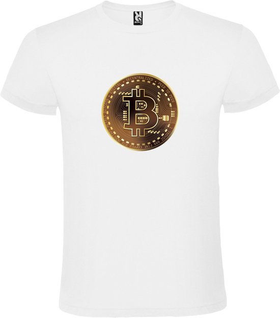 Wit t-shirt met groot 'BitCoin print in Bruine kleuren size 4XL