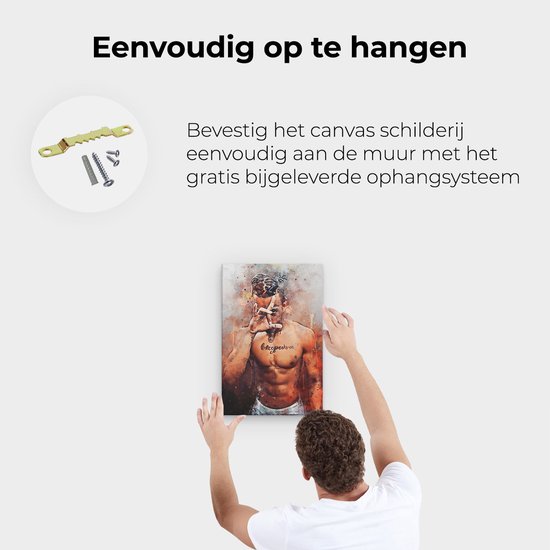 Man hangt canvas schilderij van XXXTentacion op. Bevat een ophangsysteem met schroeven.