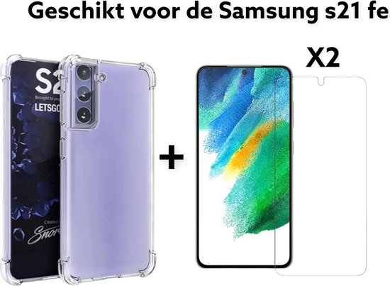 Samsung Galaxy S21 FE hoesje anti shock transparant + 2x screen protector -samsung s21 fe hoesje back cover anti shock + 2x glas protector tempert glas