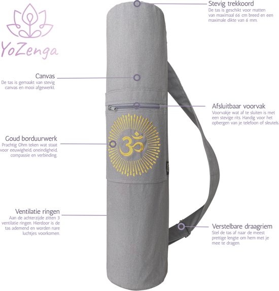 YoZenga Ohm Yogatas - Sandy Grey - Yoga Koker Tas - Ademend Canvas - Gouden Ohm Borduursel - Verstelbare Schouderband van YoZenga — afbeelding 3
