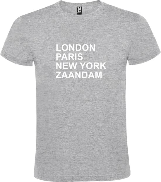 Grijs t-shirt met " London, Paris , New York, Zaandam " print Wit size XS