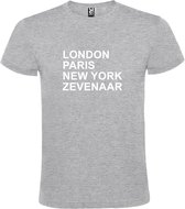 Grijs t-shirt met " London, Paris , New York, Zevenaar " print Wit size S