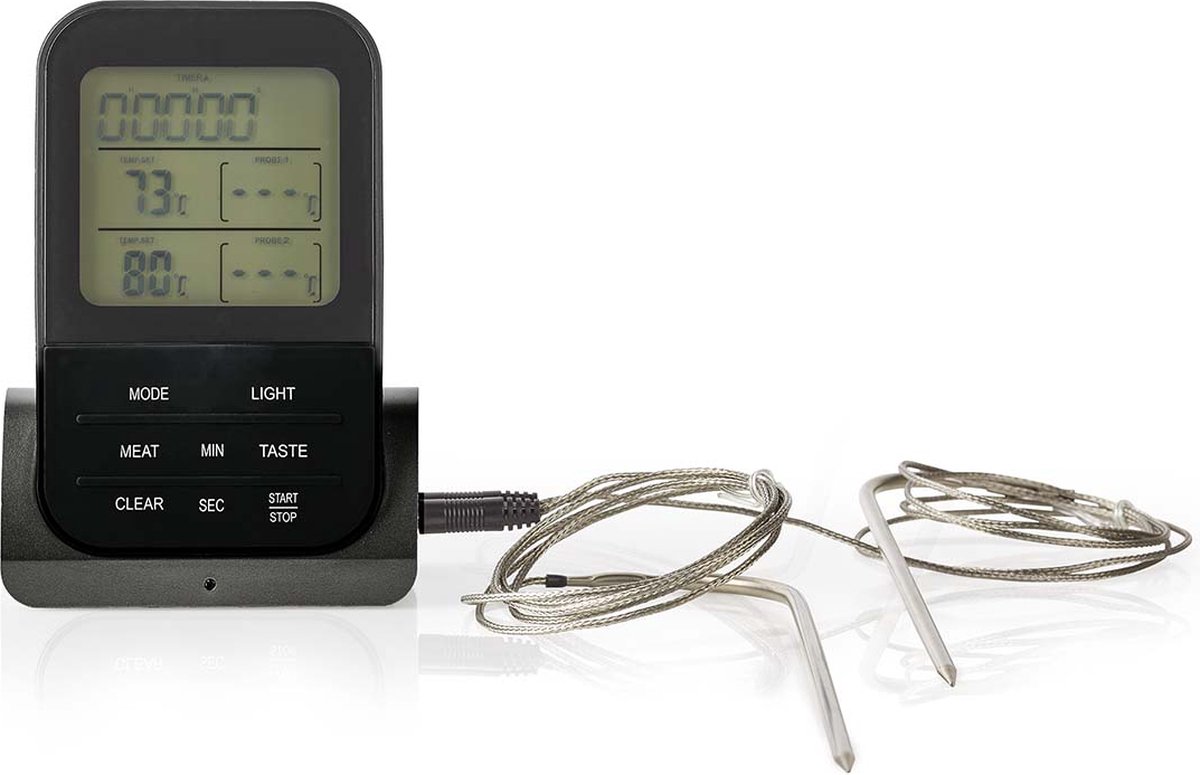 Nedis Vleesthermometer | Alarm / Draadloos / Temperatuurinstelling / Timer | LCD-Scherm | 0 - 250 °C | Zwart