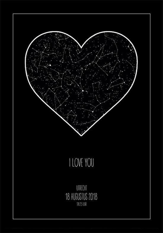 Je eigen gepersonaliseerde Star Map Heart Zwart (sterrenposter hart)