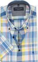 Casa Moda Sport Comfort Fit overhemd - korte mouw - blauw met geel en wit geruit (contrast) - Strijkvriendelijk - Boordmaat: 39/40