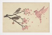 JUNIQE - Poster met houten lijst Blossom Bird -13x18 /Bruin & Ivoor