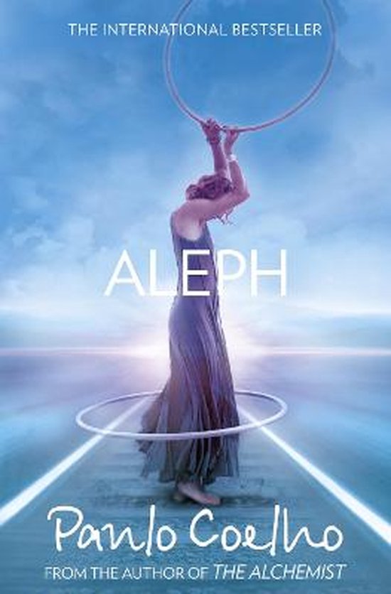 Boekcover Aleph van Paulo Coelho. Een vrouw in een jurk met een hoelahoep in de lucht en om haar middel.